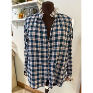 Pilcro Button Down Shirt womens med Blue Pink Plaid Floral Trim Boho Top